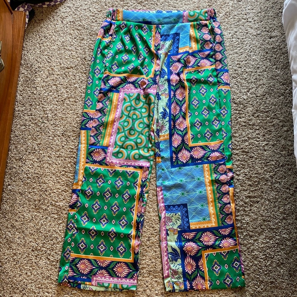 Rachel Zoe Satin Abstract Wide Leg Pants
